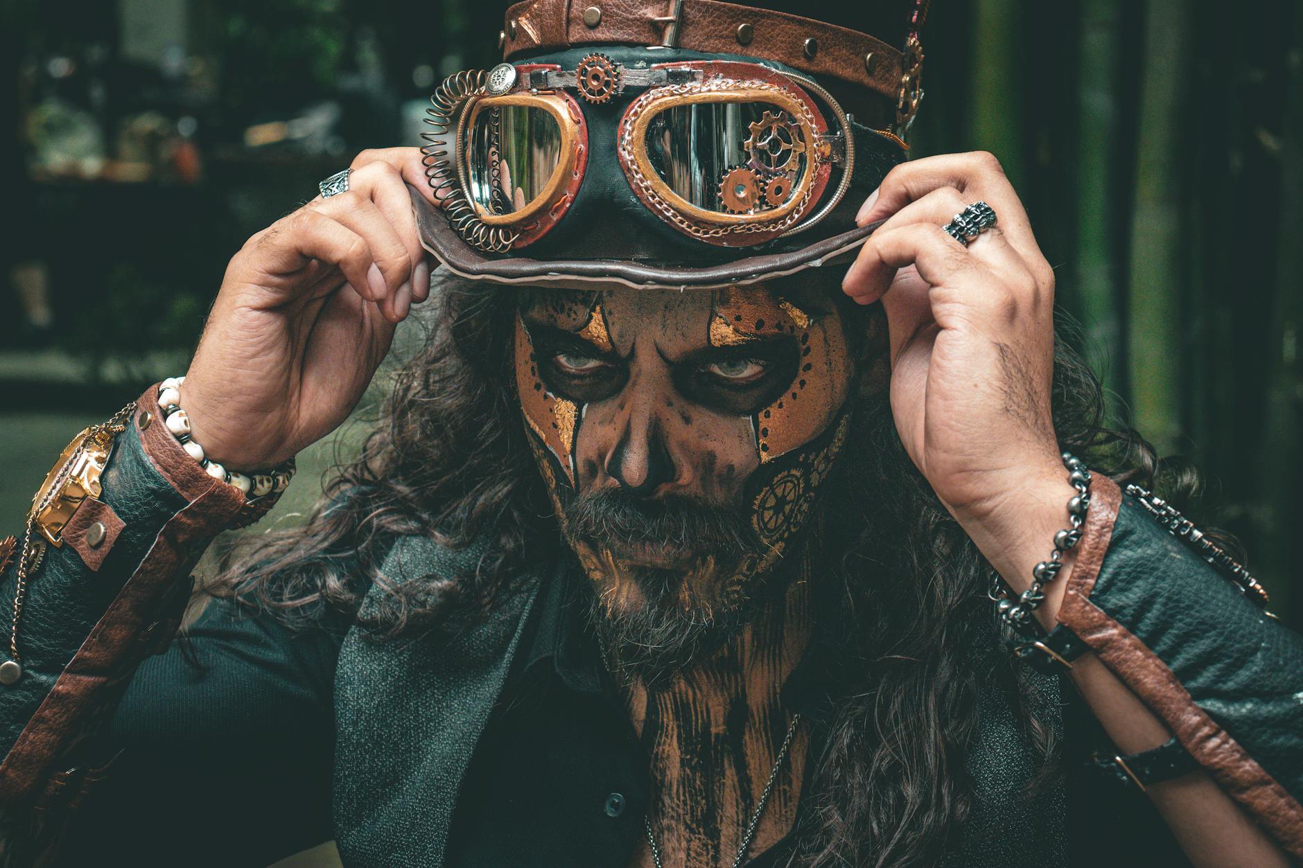 Intricate steampunk cosplay portrait with face paint and detailed accessories in Mexico City.